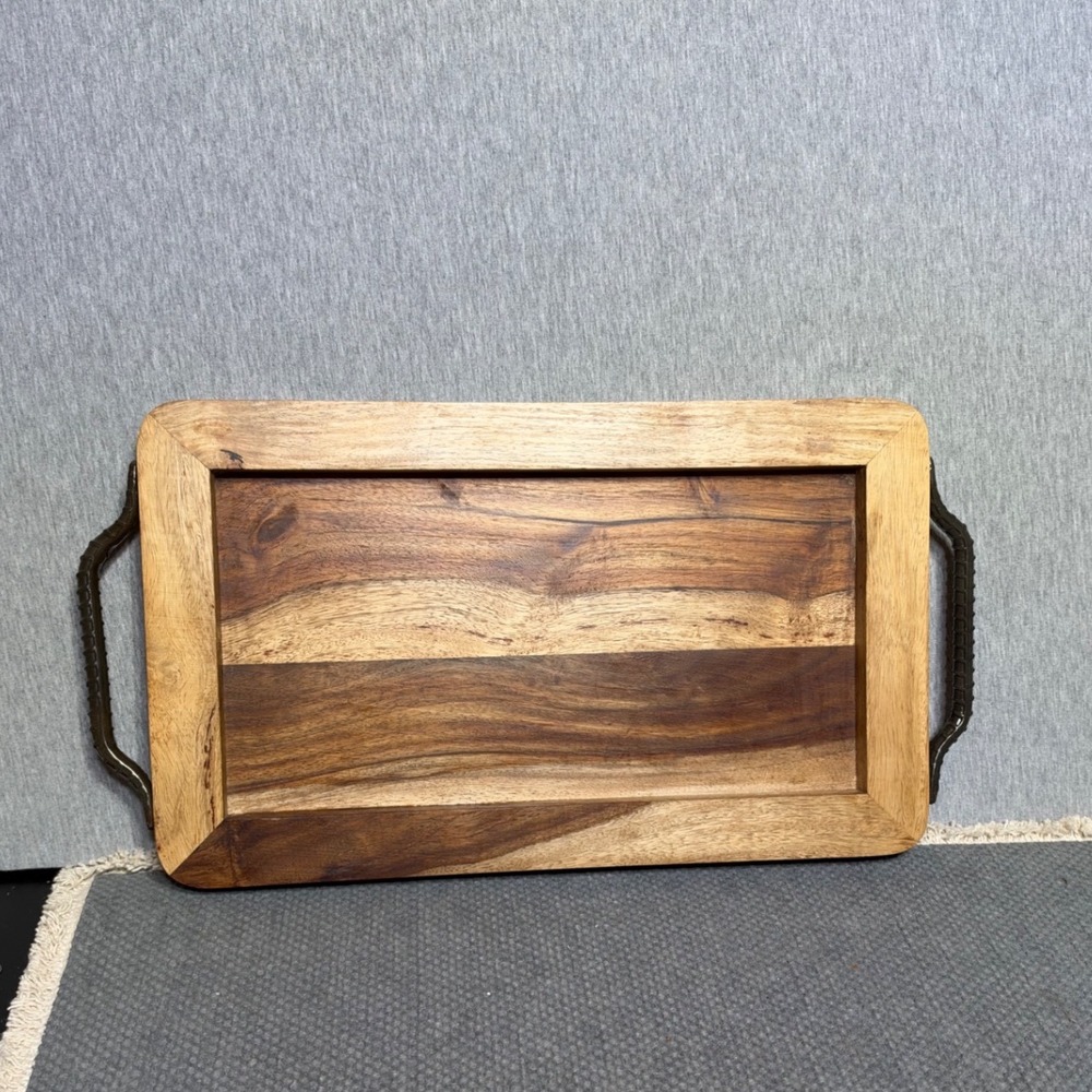 Rustic Wooden Serving Tray with Industrial Metal Rebar Handles Brown Rectangle